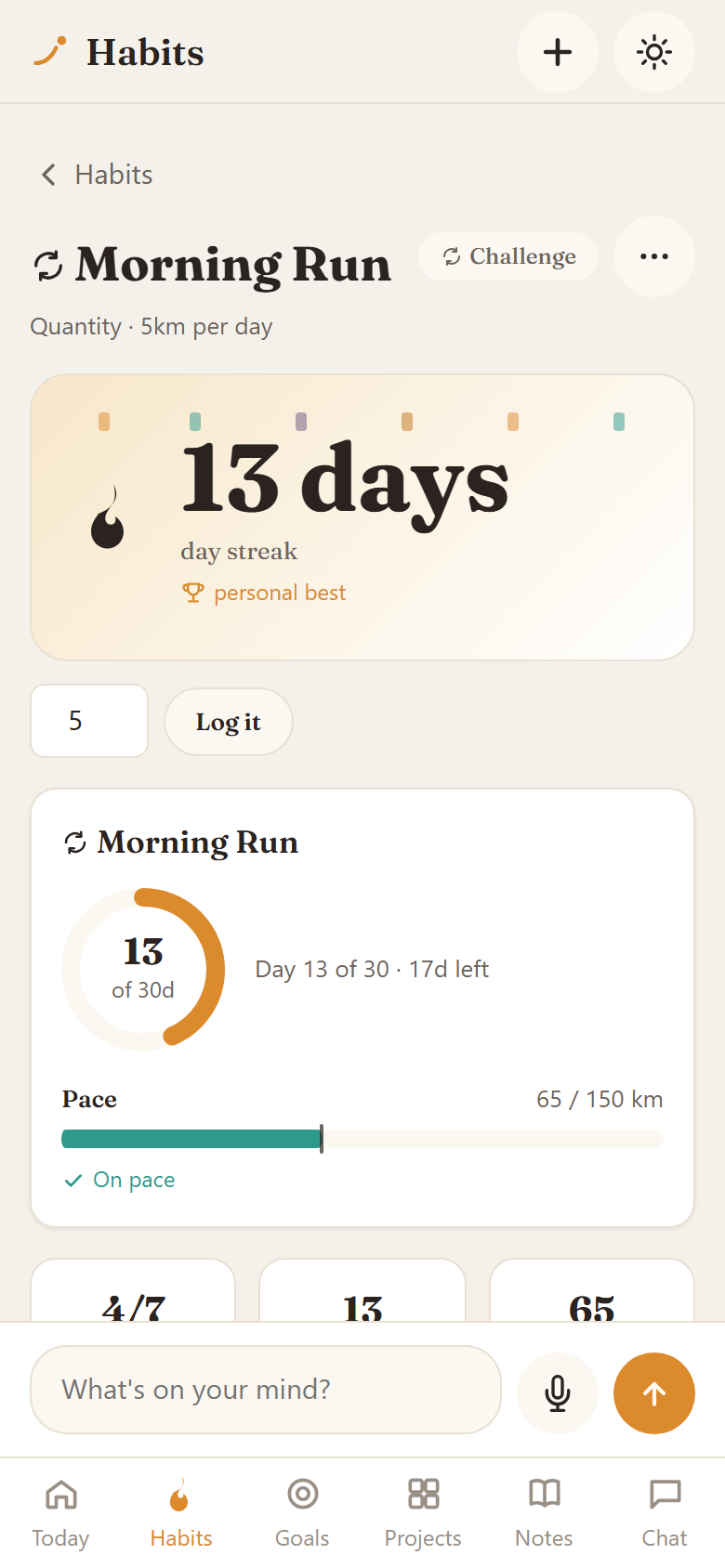 Lona habit detail screen showing a 13-day streak, personal best, and a 12-week heatmap