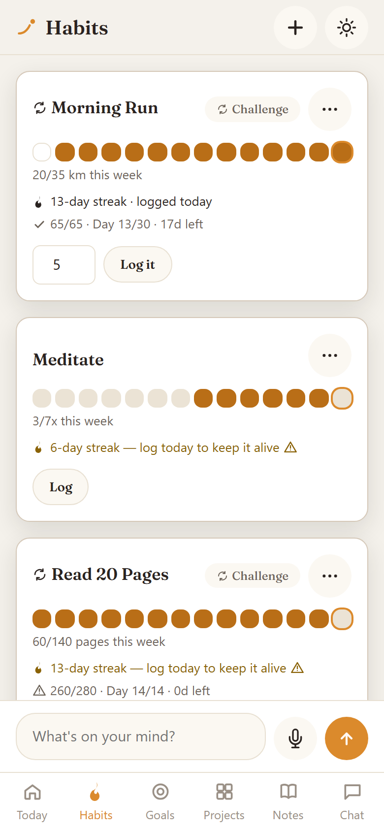 Lona habits list showing several tracked habits with weekly grids and heatmaps