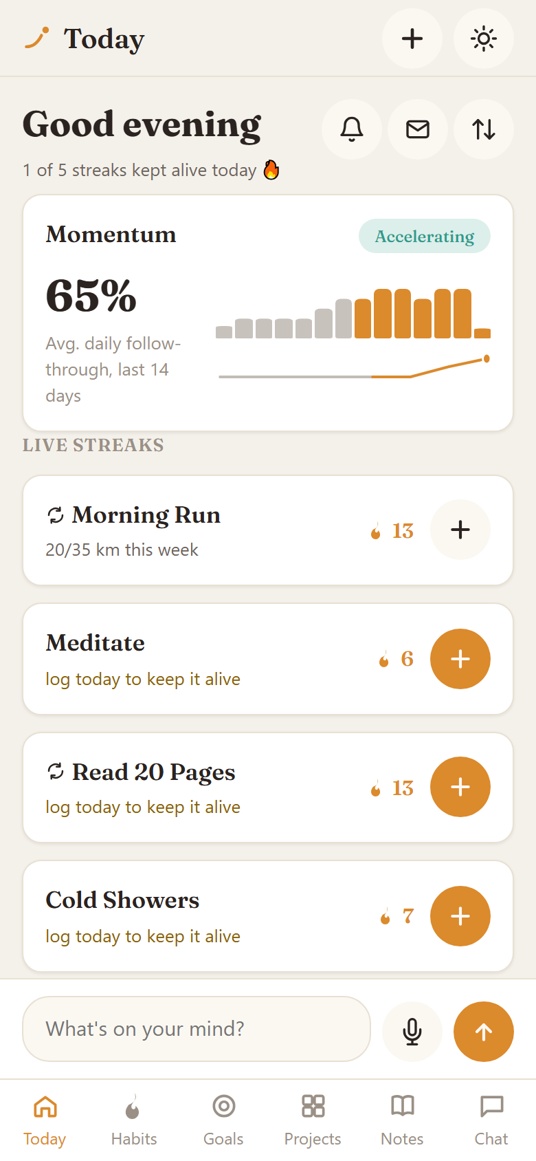 Lona home screen showing an average daily follow-through chart and live habit streaks
