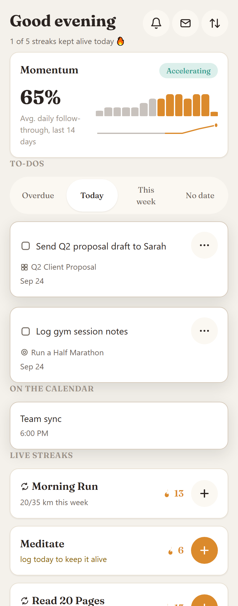 Lona's Today screen showing calendar events and to-dos linked to a project and a goal